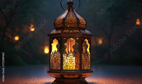 Muslim Holy Month Ramadan Kareem - Ornamental Arabic Lantern With Burning Candle Glowing At Evening