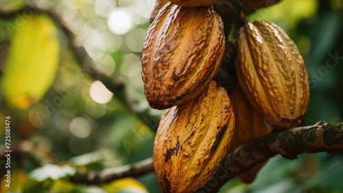 Close-up of ripe cacao pods growing on a tree