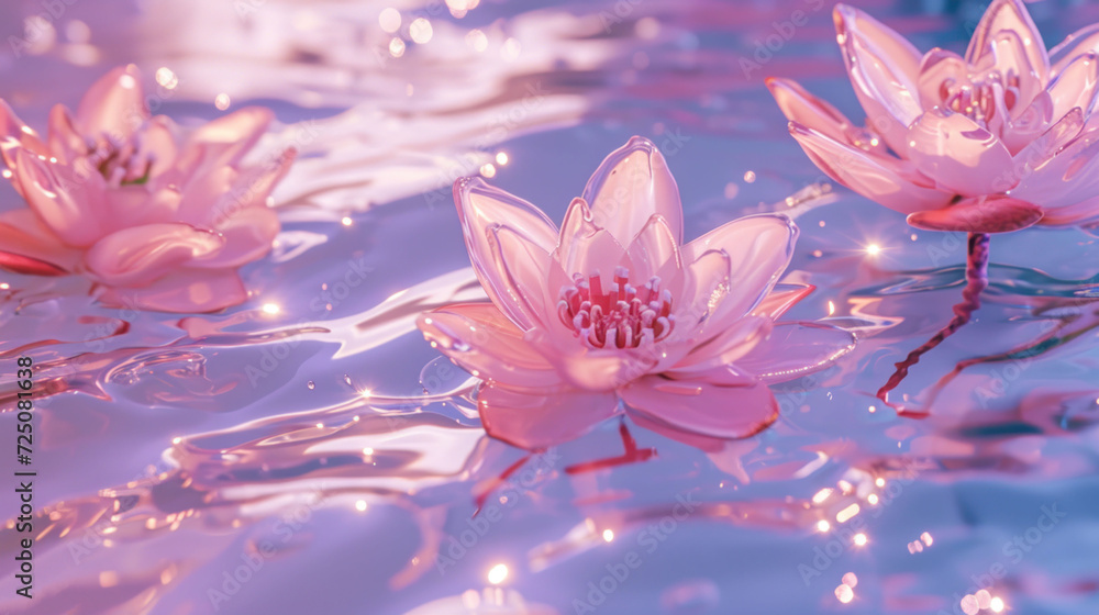  three pink water lilies floating on top of a body of water with reflections of the sky in the water.