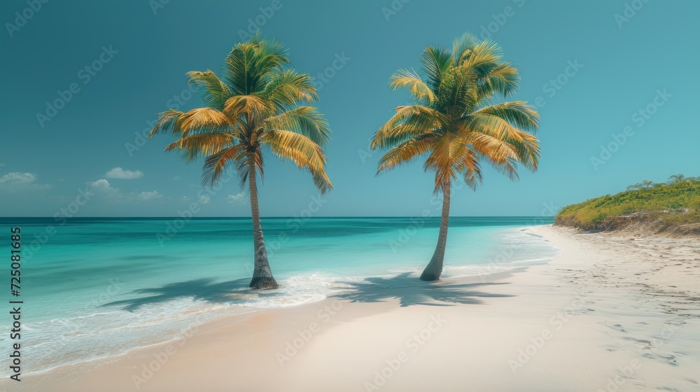  a couple of palm trees sitting on top of a beach next to a body of water and a lush green hillside.