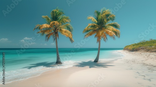  a couple of palm trees sitting on top of a beach next to a body of water and a lush green hillside. © Anna