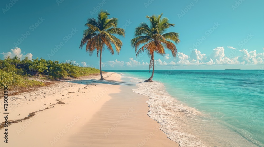  a sandy beach with two palm trees in the foreground and a blue sky with white clouds in the background.