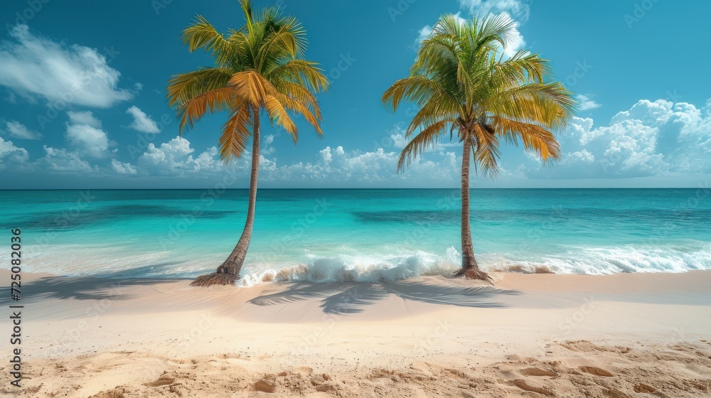  a couple of palm trees sitting on top of a sandy beach next to a body of water on a sunny day.