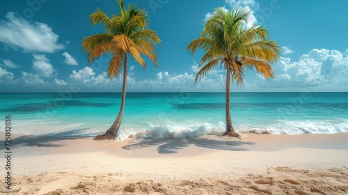 a couple of palm trees sitting on top of a sandy beach next to a body of water on a sunny day.
