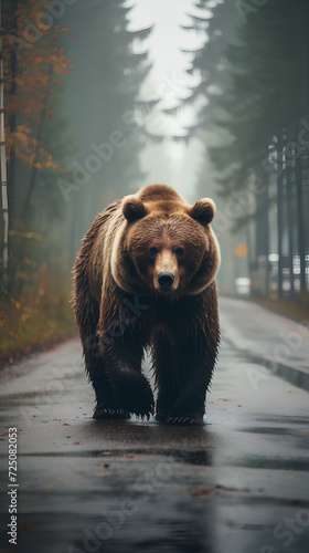A wild bear in the middle of a road. A car behind. 
