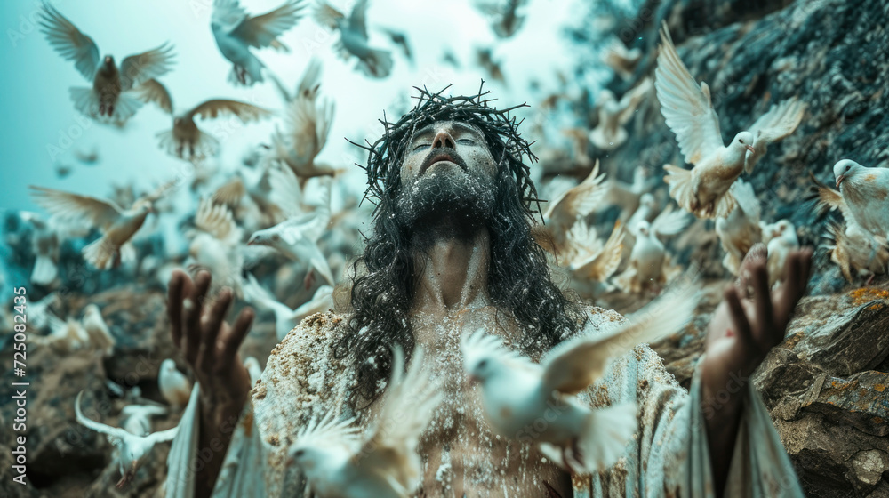 Obraz premium Easter Resurrection: Portrait of Jesus with Doves