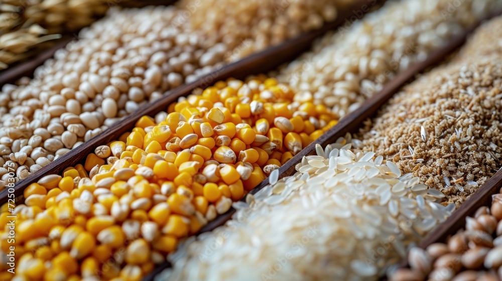 a close up of a variety of grains and grains of different colors and sizes on display in a store window. a close up of a variety of grains and grains of different colors and sizes on display in a store window.
