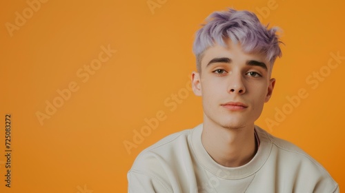 Portrait of a handsome guy with tinted light lilac hair on orange background. 