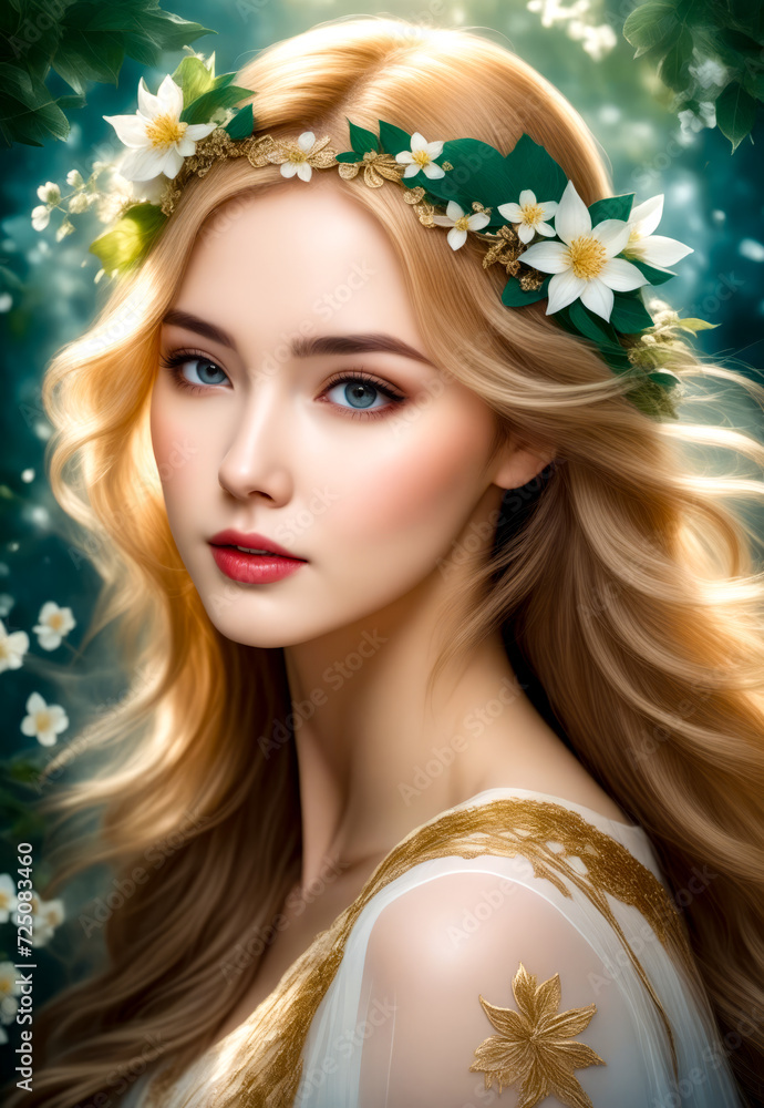 Painting of woman with long blonde hair and flowers in her hair.