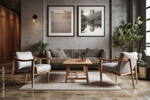 A contemporary living room layout includes two gray armchairs  a wooden coffee table  and a poster on a brick wall