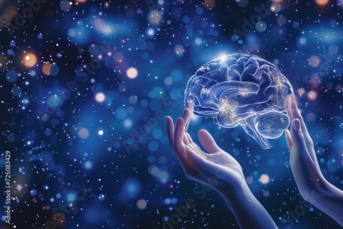 Holographic representation of a human brain suspended in the air, being examined by hands