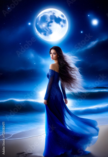 Woman in blue dress standing on beach under full moon.