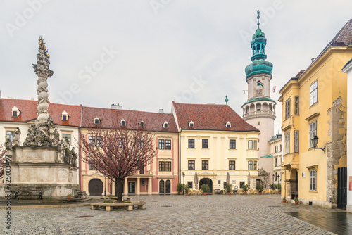 The Main Square with The Firewatch Tower in Sopron town, Hungary, Europe.