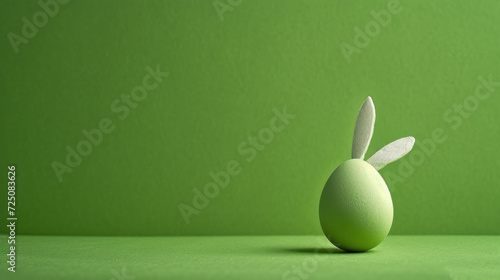  a green easter egg with a white rabbit's tail sticking out of it's side on a green surface. photo