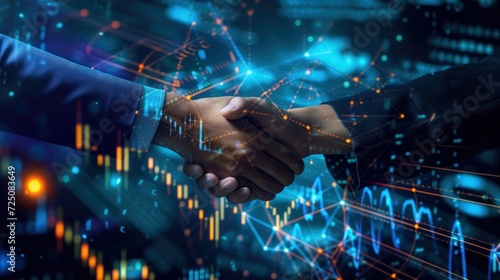 Business people shaking hands with global network connection effect for stock market deal