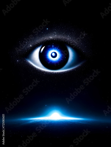 Close up of blue eye in the middle of dark sky.