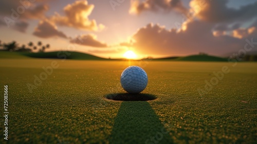 Close up of golf ball near hole with sunset background. generative AI image
