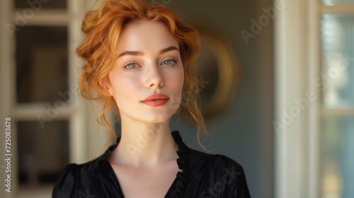 A charming red-haired woman in a classic black blouse, exemplifying her refined taste and effortless elegance