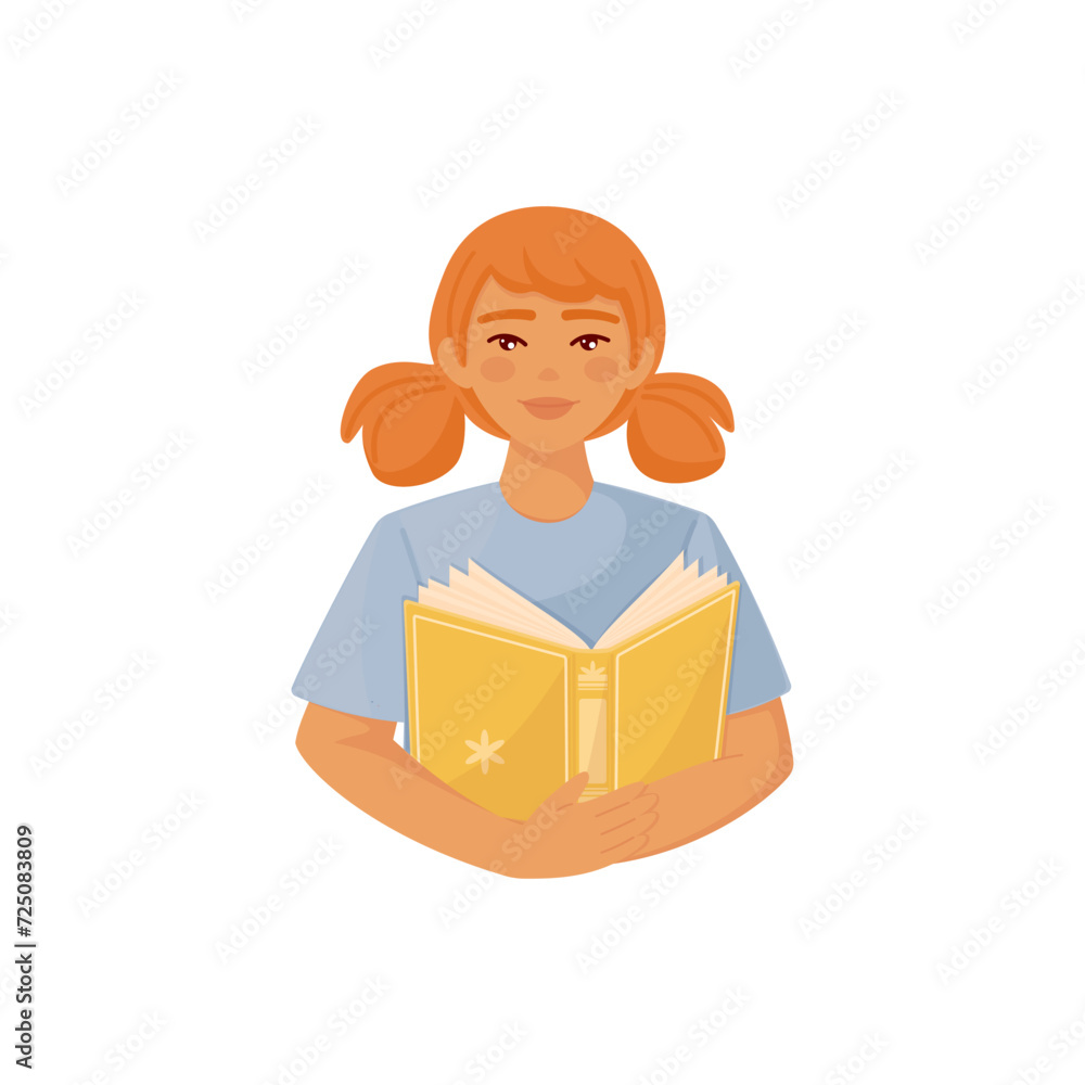Bright cartoon illustration of young redhead girl pupil reading book. Graphic print concept of knowledge, studying and education. Vector colorful school and science element