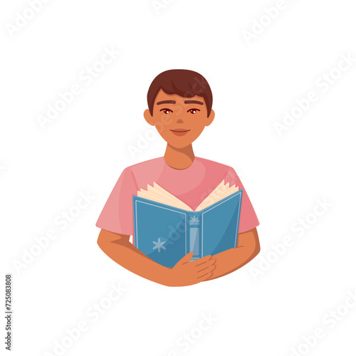 Bright cartoon illustration of young tanned boy pupil reading book. Graphic print concept of reading, knowledge, studying and education. Vector colorful school and science element