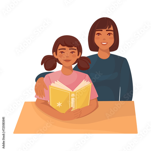 Bright cartoon illustration of young tanned girl pupil studying with mother and reading book. Graphic print concept of knowledge and education. Vector colorful school and science element