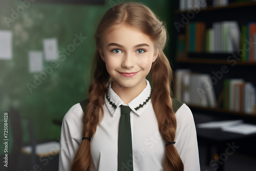 School girl 14 years brown hair and green eyes, cute, pretty, smiling, looking at camera, back to school concept