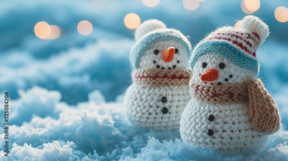 Obraz premium knitted little snowman in the snow on a blur background. generative AI