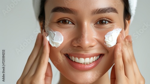 Elegant woman applying moisturizer cream for nourishing skin care routine, cosmetic procedure