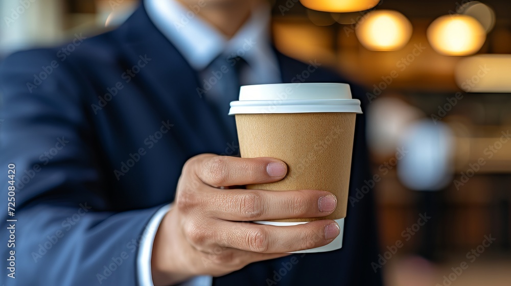 Close up of businessman s hand holding empty coffee to go paper cup, business concept Close up of businessman s hand holding empty coffee to go paper cup, business concept