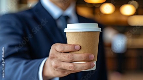 Close up of businessman s hand holding empty coffee to go paper cup, business concept