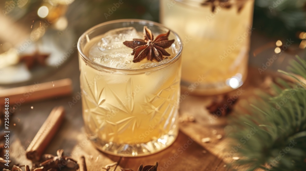 a close up of a drink in a glass with a star anisette on the rim of the glass. a close up of a drink in a glass with a star anisette on the rim of the glass.