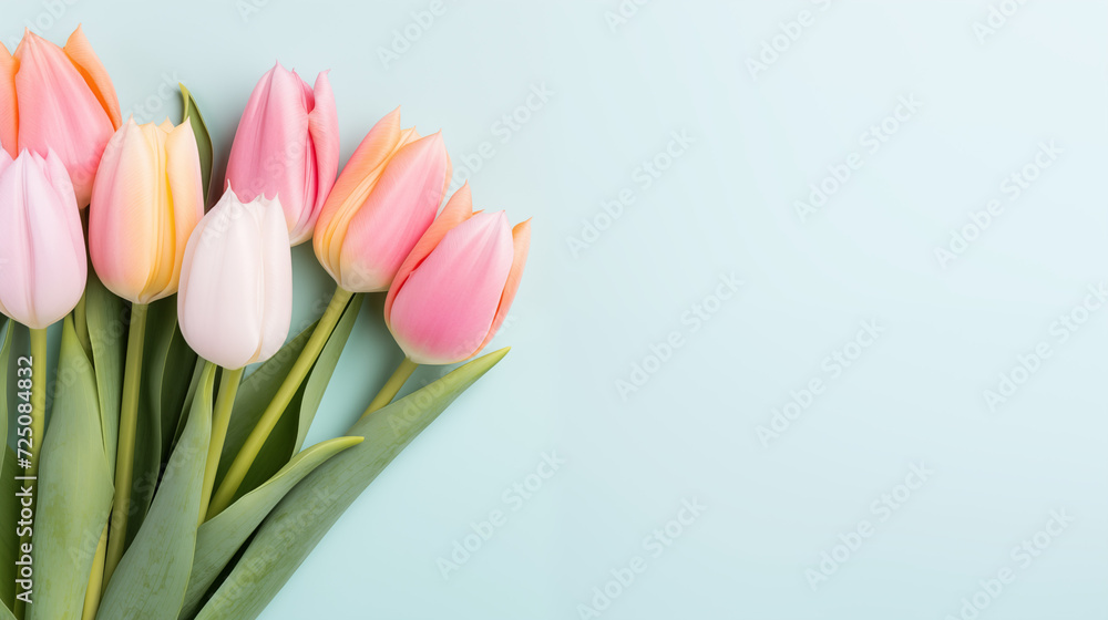 Kwiatowe błękitne minimalistyczne tło na życzenia z okazji Dnia Kobiet, Dnia Matki, Dnia Babci, Urodzin czy pierwszego dnia wiosny. Szablon na baner lub mockup z ściętymi tulipanami.  - obrazy, fototapety, plakaty 