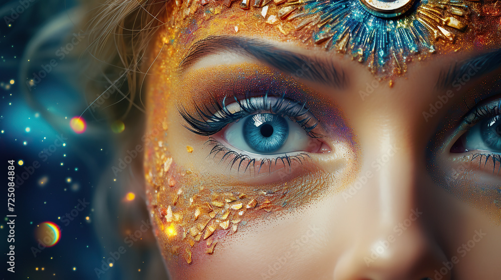 Close up photo of colorful eye. Futuristic fantastic make up.