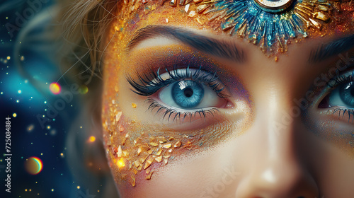 Close up photo of colorful eye. Futuristic fantastic make up.