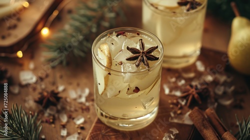  a close up of a drink in a glass with a star anisette on the rim of the glass.