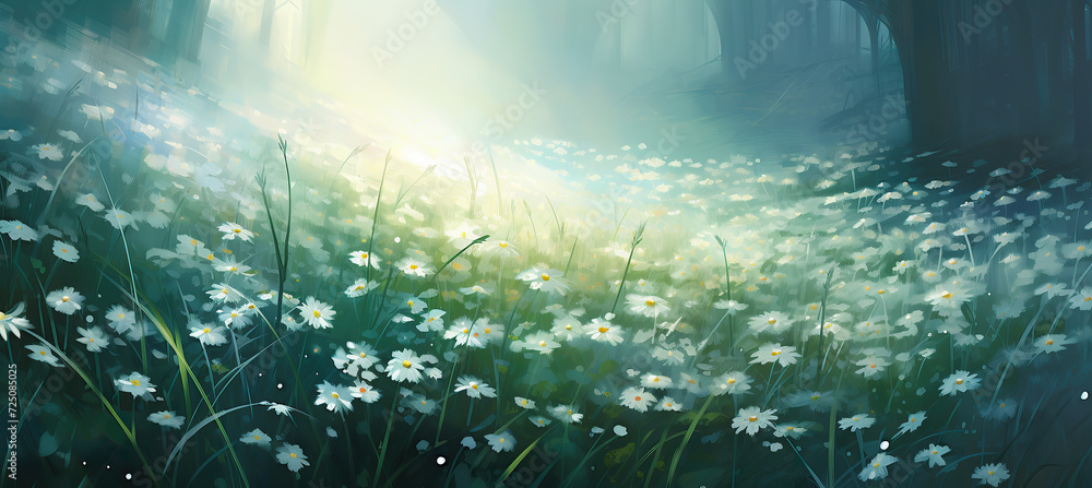 Fototapeta premium Flowers and grass in a sunny day. Spring and summer concept.
