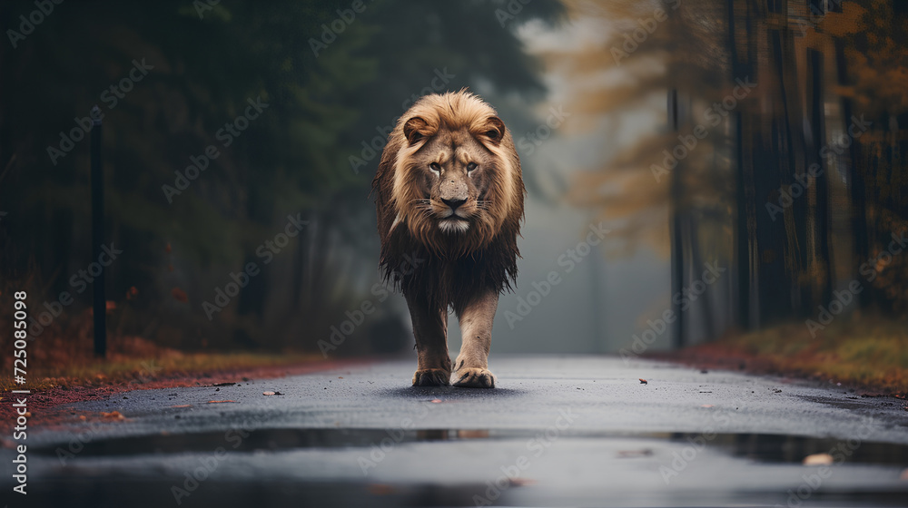 A wild lion in the middle of a road. A car behind.
 - obrazy, fototapety, plakaty 