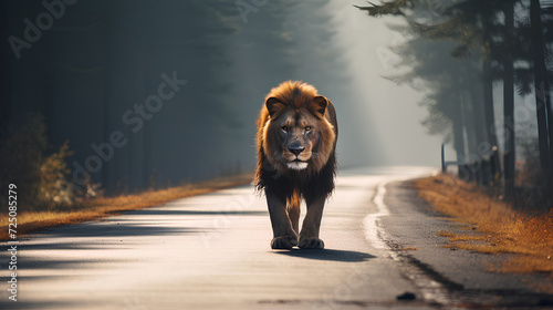 A wild lion in the middle of a road. A car behind.
 photo