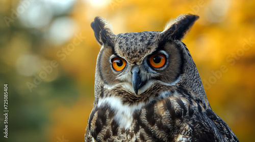 intense gaze of the owl with its radiant orange eyes and intricate feather plumage stands out against the autumn bokeh background © mr_marcom