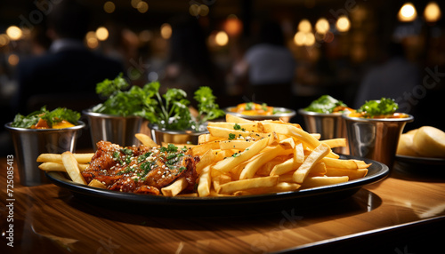 Freshly grilled meat and fries at a pub generated by AI