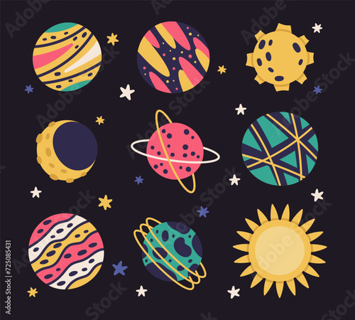 Hand drawn planets. Space cosmic bodies, sun, moon and pluto flat vector illustration set. Doodle galaxy cosmic elements