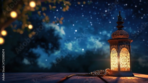 Muslim lamp lanterns and prayer beads on the background of the moon in the sky. copy space