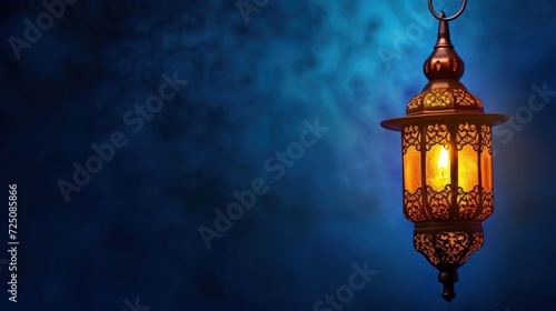 Muslim lamp lantern in the dark blue background. copy space. generative AI