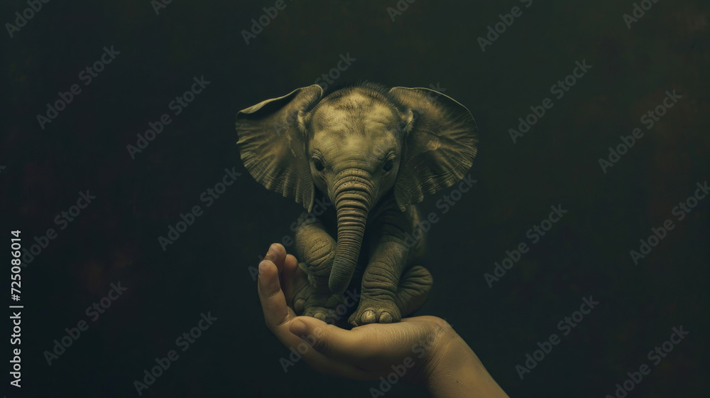  a baby elephant sitting on top of a person's hand next to it's adult's hand.