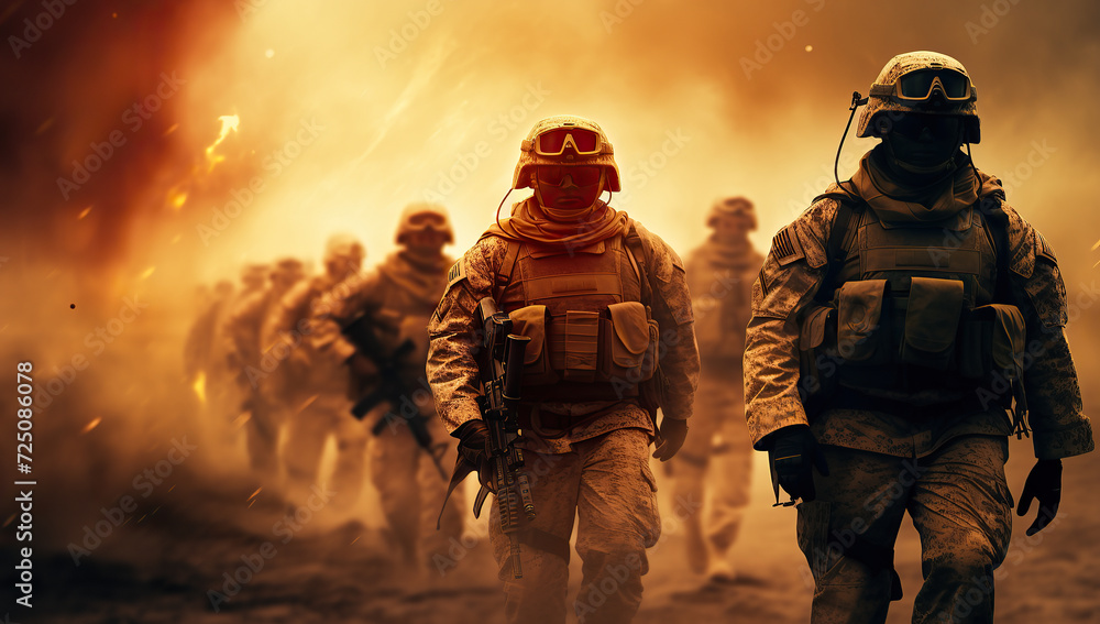 soldiers in the dusty desert with equipment. soldiers in the dusty desert with equipment.