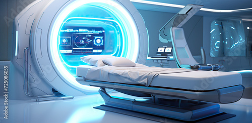Futuristic hospital with Magnetic resonance imaging scan or MRI machine device. blue tones.