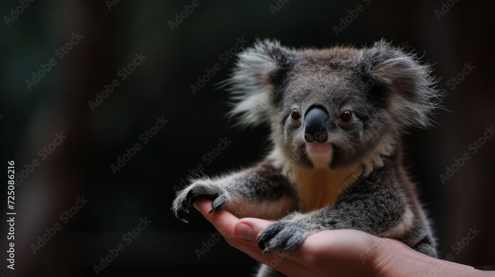 Fototapeta premium a close up of a person holding a small koala in their hand in front of a blurry background.