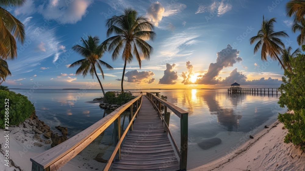 Panoramic view of footbridge to the beach at sunrise. generative AI image