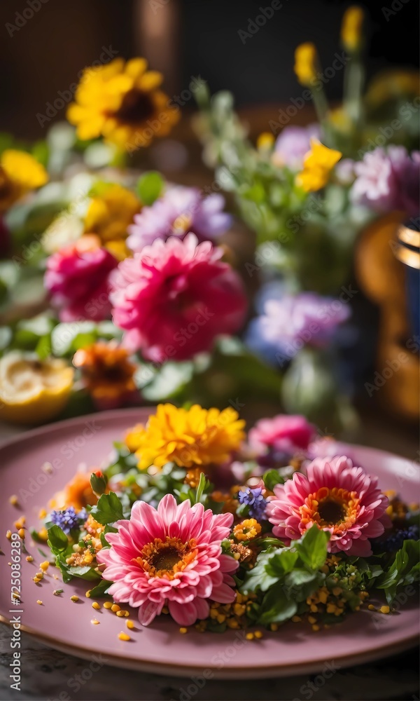 AI-Generated, Bright Flowers, Plate, Table, Floral Arrangement, Still Life, Colorful, Vibrant, Botanical, Decor, Nature, Flower Bouquet, Spring, Summer, Garden, Floral Decor, Table Setting, Beautiful,