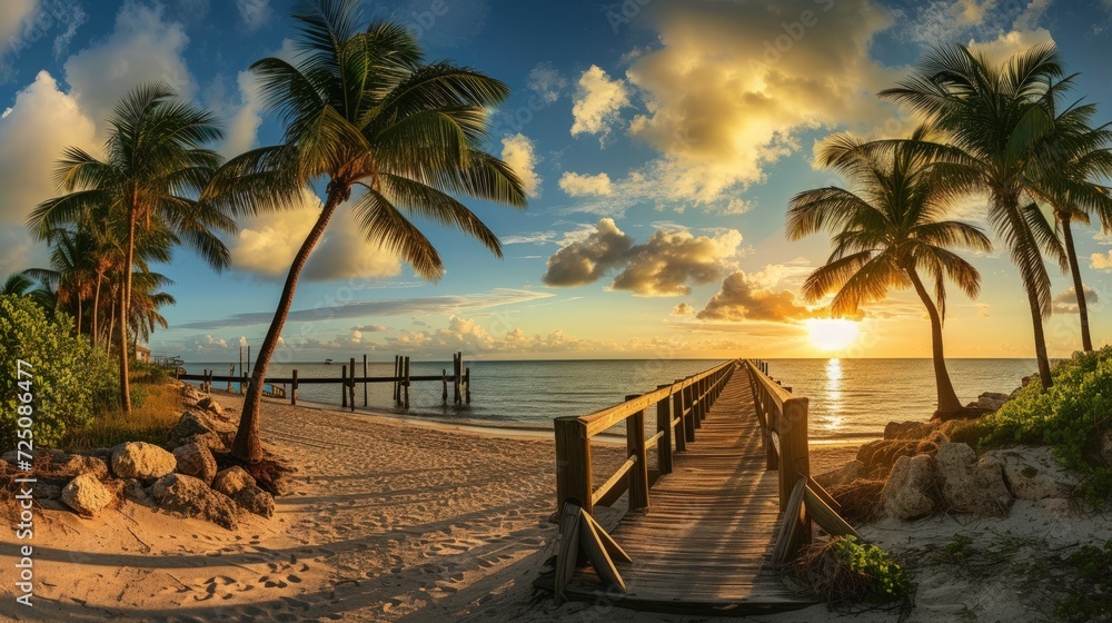 Obraz premium Panoramic view of footbridge to the beach at sunrise. generative AI image